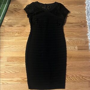 London Times Black Midi Dress with Lace Accents